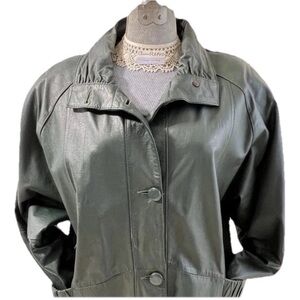 VTG Leather Coat Pelle Designer 90s Y2K  Jacket Green Shoulder Pads Pockets LG